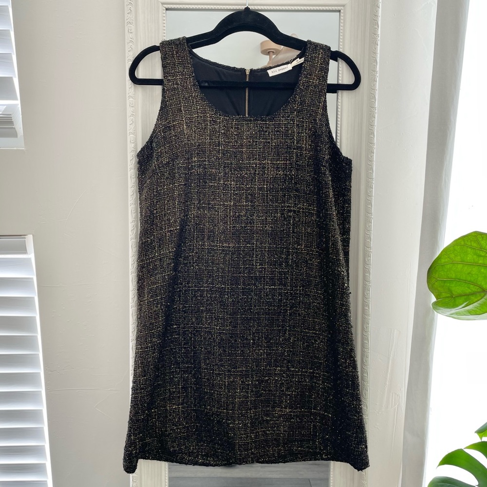 🌷Black gold tweed metallic coco-style shift loose mini dress